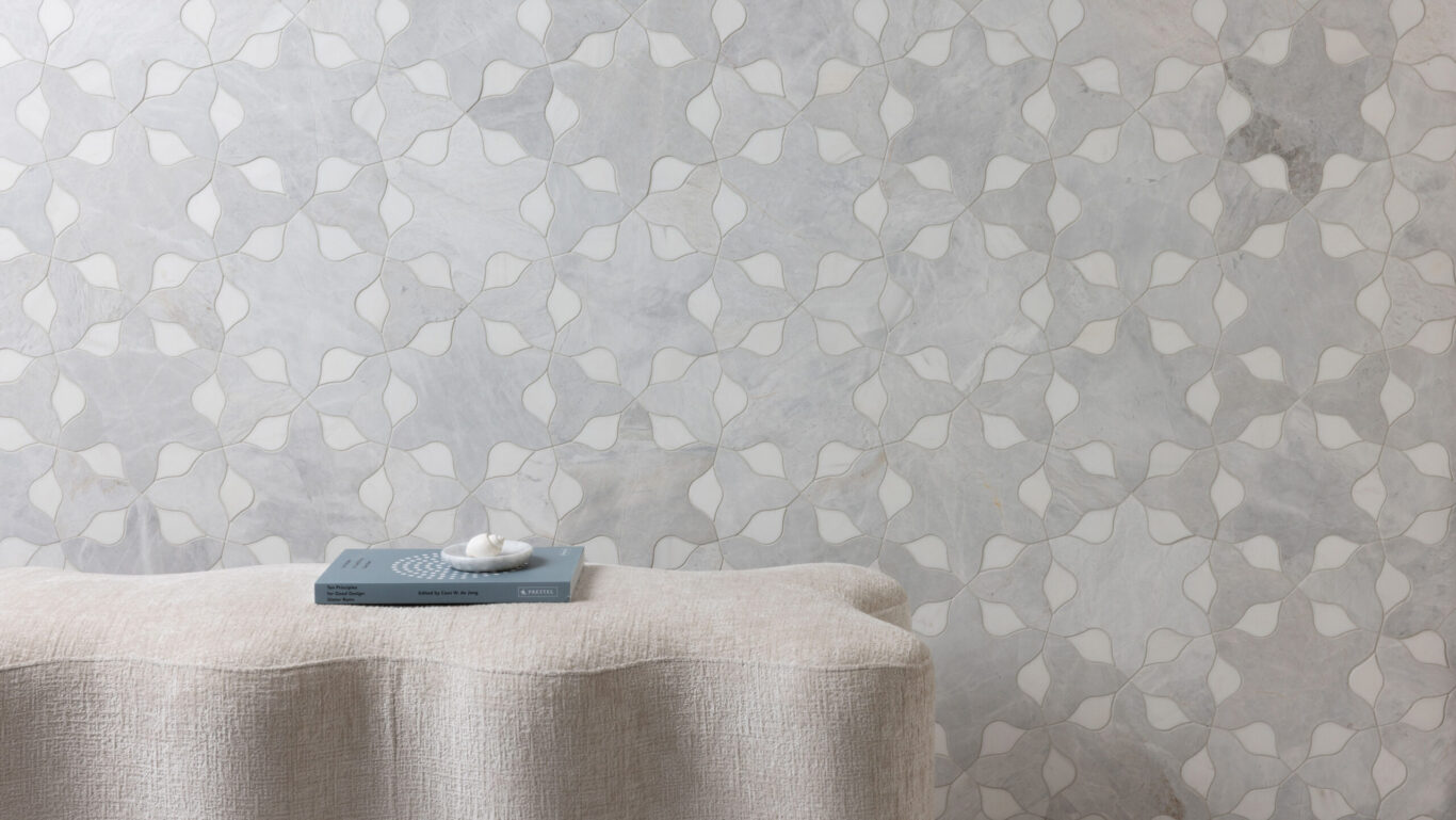 Slide 3 of 4, Dyad, a marble mosaic tile collection produced in partnership with AKDO, distills centuries of design heritage into clean lines and refined symmetry.